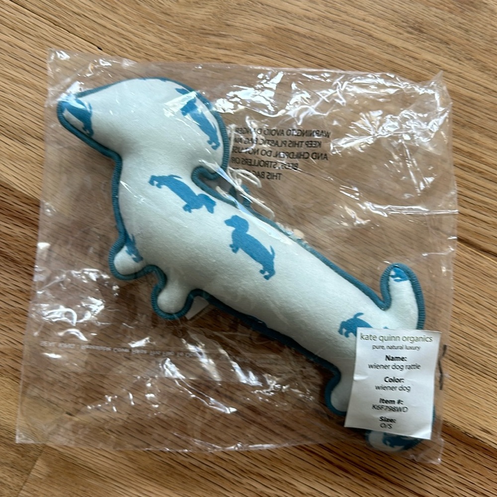 NWT! Kate Quinn organic cotton wiener dog baby rattle